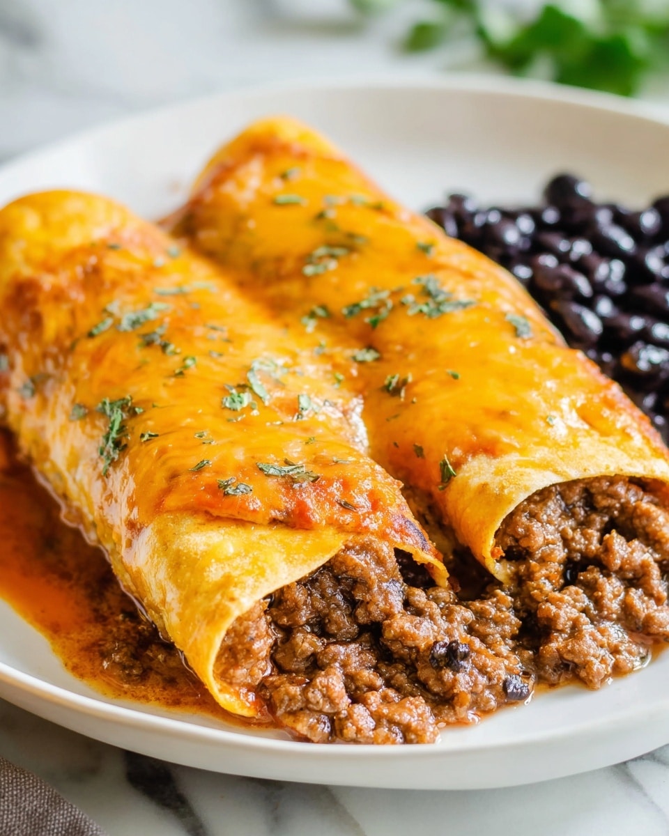 The image shows two enchiladas on a white plate, each rolled with a soft light brown tortilla filled with a textured brown ground beef mixture visible at the open ends. The enchiladas are covered with a melted, shiny, bright orange cheese layer that looks gooey, sprinkled with small bits of fresh green herbs on top. To the side of the enchiladas, there is a portion of black beans adding a dark contrast. The plate is placed on a woven surface, with a soft blurred background and sharp focus on the food. Photo taken with an iphone --ar 4:5 --v 7