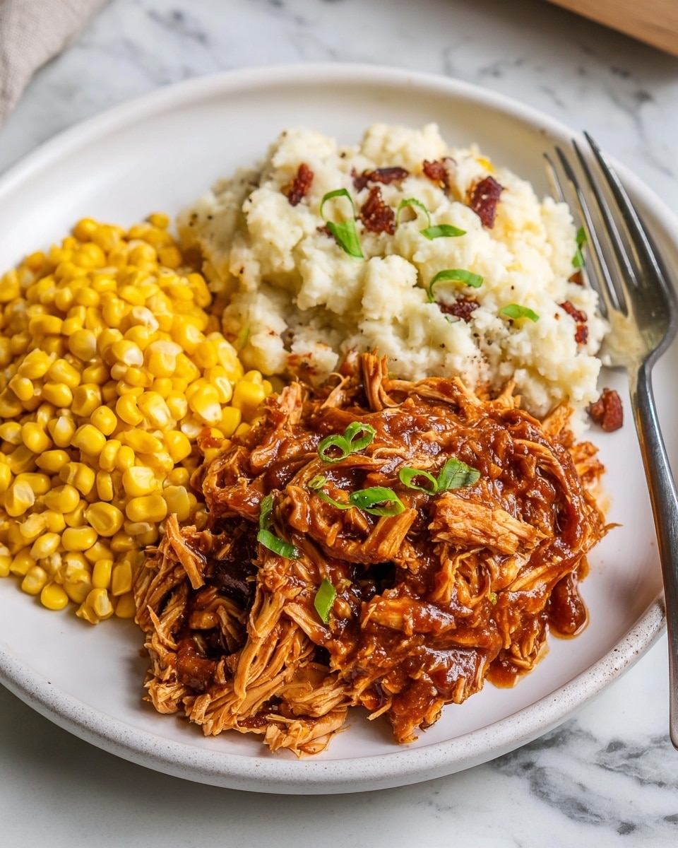 A white plate with three food sections: on the left, bright yellow corn kernels; in the middle back, a heap of white fluffy rice mixed with some small bits of beans; on the right front, a generous portion of shredded brown barbecue chicken garnished with small green onion pieces. A silver fork rests at the top right edge of the plate. The plate is set on a white marbled surface with part of a blue and white striped cloth visible at the bottom right. photo taken with an iphone --ar 4:5 --v 7