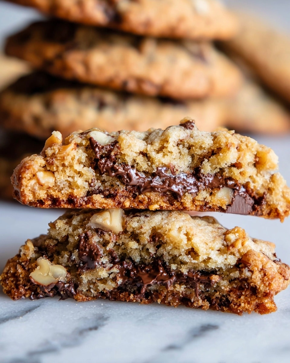 The image shows a close-up of a broken chocolate chip cookie placed on a white marbled surface. The cookie has two layers, with the top layer broken in half revealing a gooey, melted dark brown chocolate filling in the middle, surrounded by a golden-brown, crumbly texture with visible bits of chopped nuts. In the blurry background, more stacked cookies are visible, showing the same golden-brown color and dense texture, enhancing the focus on the front cookie split. photo taken with an iphone --ar 4:5 --v 7