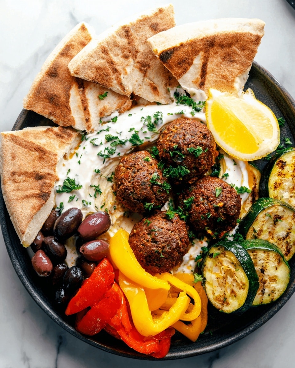 The image shows a black plate with several layers of food arranged neatly. On the left side, there are four light brown pita bread slices stacked slightly overlapping. Next to the pita, there are three dark brown falafel balls topped with small black olives and a few bright green parsley leaves. To the right of the falafel, two lemon wedges are placed near thinly sliced red and yellow bell peppers. Below the peppers, there is a layer of grilled zucchini slices with light grill marks and a green garnish. At the bottom left of the plate, a sunny-side-up egg with a bright yellow yolk is visible, next to a dollop of creamy white sauce sprinkled with chopped green herbs. The plate is set on a white marbled surface. photo taken with an iphone --ar 4:5 --v 7