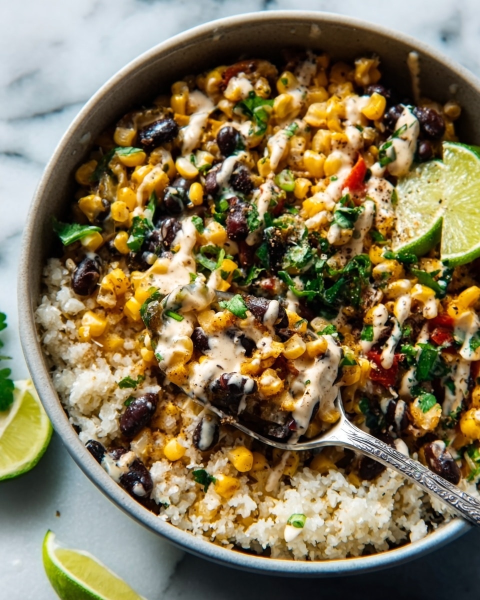 The image shows a white bowl filled with a layered dish that has about four layers. The bottom layer is dark black beans, topped with a mix of yellow corn kernels and small chopped green herbs. Above this, there is a light drizzle of white sauce spread unevenly on top. The dish is garnished with crumbled white cheese and lime wedges placed on the side inside the bowl. The bowl sits on a white marbled surface, and there is a metallic spoon inside the bowl. Part of a woman's hand is visible holding the spoon. Photo taken with an iphone --ar 4:5 --v 7