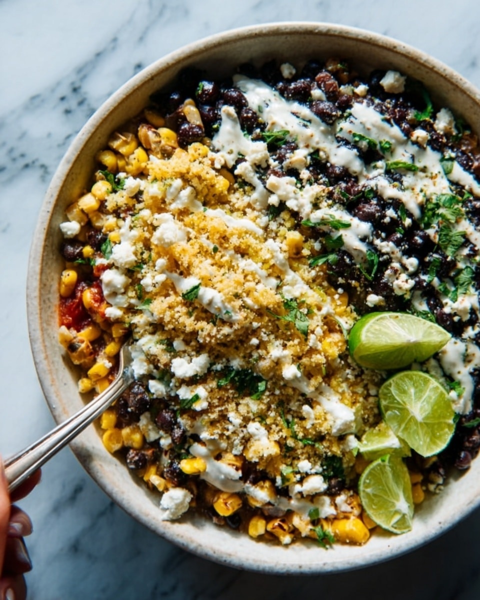 A white bowl filled with a colorful layered dish featuring a base of fluffy white grains, topped with a mix of roasted corn kernels in yellow, bright green herbs, and dark brown beans. The dish is drizzled with a light creamy sauce, and a wedge of lime sits on the edge of the bowl. A metallic spoon rests inside the bowl, partially digging into the food. The scene is set on a white marbled surface, enhancing the vibrant colors of the ingredients. Photo taken with an iphone --ar 4:5 --v 7