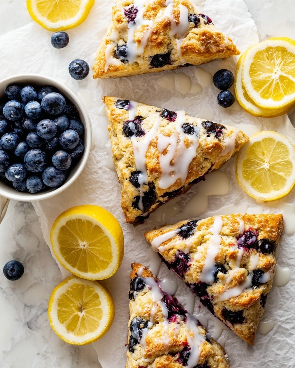 The image shows four triangular blueberry scones with a golden-brown texture on the outside and visible juicy blueberries baked inside. Each scone is drizzled with a white icing that adds a glossy finish across the tops. The scones are placed on white parchment paper over a white marbled surface. Around the scones are two lemon halves showing their bright yellow insides, a few loose blueberries, and a white, wavy-rimmed bowl full of fresh blueberries. The colors are warm and inviting with a mix of golden browns, deep blues, and bright yellows. photo taken with an iphone --ar 4:5 --v 7