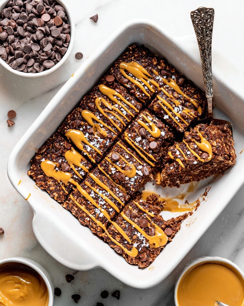 A white square baking dish holds a dark brown baked dessert cut into six squares, each showing visible chocolate chips and oats on top. A drizzled light caramel sauce creates thin zigzag lines across the surface, adding a glossy texture and a pop of color. Some sprinkled salt crystals add a slight shine, highlighting the rich texture. A decorative metal spatula lies inside the dish, ready for serving. Surrounding the dish, a white marbled surface holds a small white bowl filled with more chocolate chips and another small bowl with a thick, golden sauce. Photo taken with an iphone --ar 4:5 --v 7