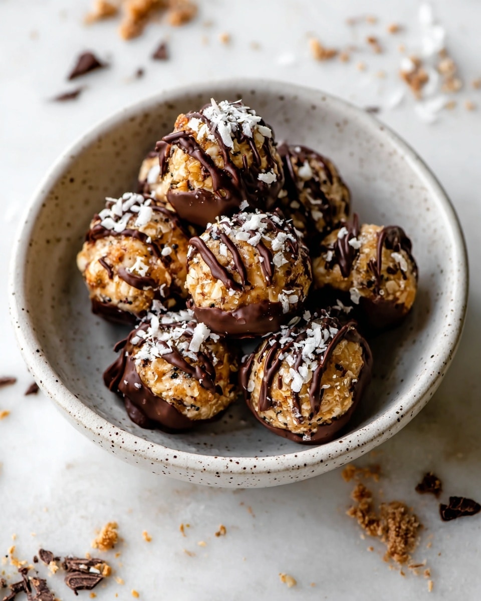 A white speckled bowl is filled with round, golden-brown energy balls mixed with small dark chia seeds. Each ball is coated partially with a smooth dark chocolate layer on the bottom half, while the top half is drizzled with thin, glossy chocolate lines. Light beige coconut shreds are sprinkled on top of some balls, adding a textured contrast. The bowl sits on a white marbled surface scattered with tiny chocolate pieces. In the blurred background, a brown bowl with a round bread or bun is visible. photo taken with an iphone --ar 4:5 --v 7