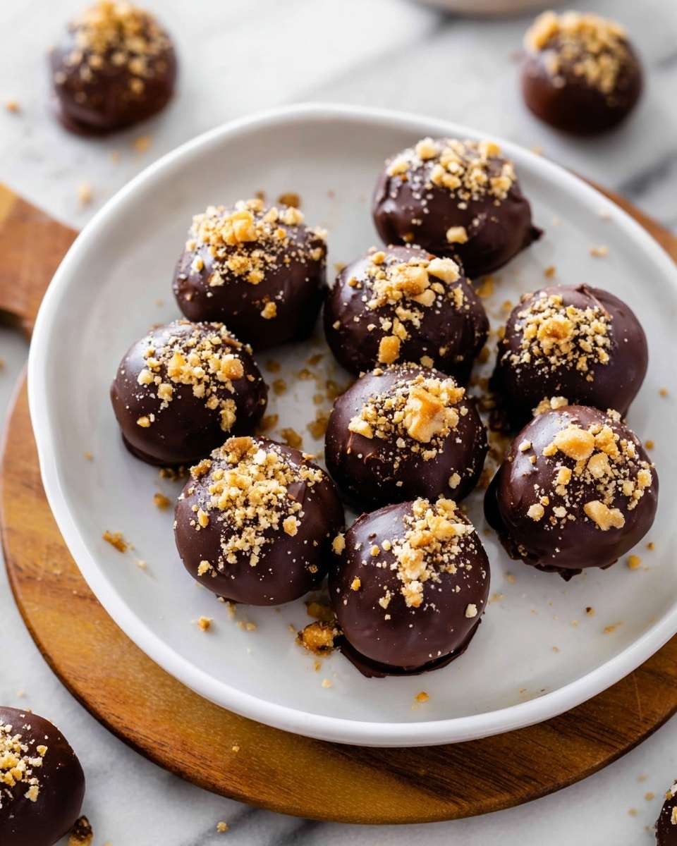 A white plate holds about thirteen round chocolate truffles arranged closely together, each truffle coated in smooth, shiny dark chocolate and topped with a sprinkle of crushed light brown nuts. The dark chocolate glistens under soft light, showing slight variations in texture where the coating is uneven. Crushed nuts add a rough texture and lighter color contrast on top of each truffle. The plate rests on a wooden board with a white marbled surface underneath, and more truffles can be seen partially out of focus around the plate. photo taken with an iphone --ar 4:5 --v 7