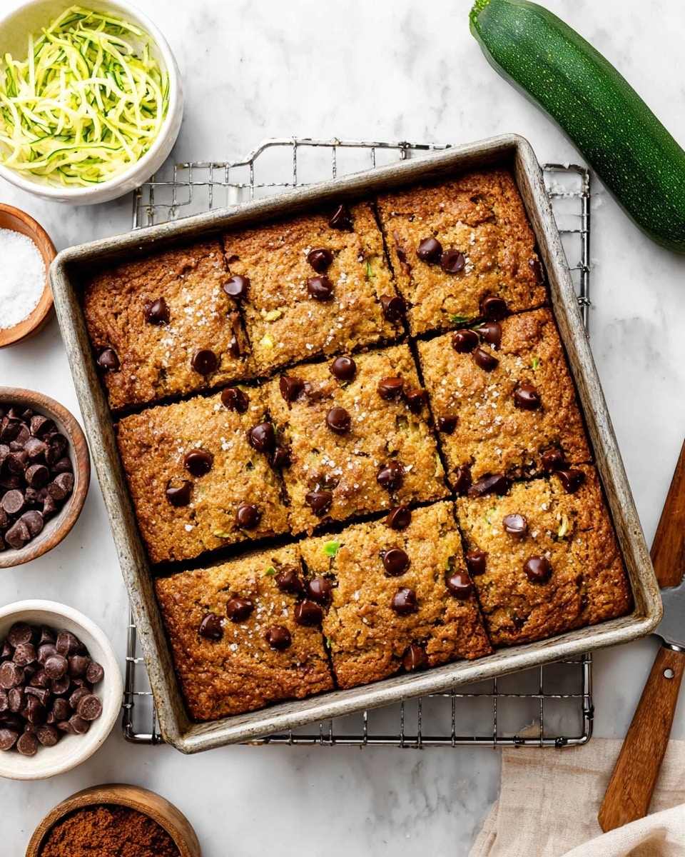 A square metal baking pan filled with nine large, square chocolate chip zucchini bread pieces sits on a wire rack over a white marbled surface. The bread is golden brown with a slightly crispy top sprinkled with sugar, and dark brown melted chocolate chips are scattered on each piece, creating a rich contrast. To the left side of the pan, there is a small white bowl filled with shredded green zucchini. Above the pan, there is a round bowl of dark brown chocolate chips and a small white bowl with light brown sugar. A beige and white striped cloth is loosely folded near the top edge. A small green zucchini is also placed near the bottom left corner. A wooden-handled knife with a silver blade lies near the bottom right corner. photo taken with an iphone --ar 4:5 --v 7