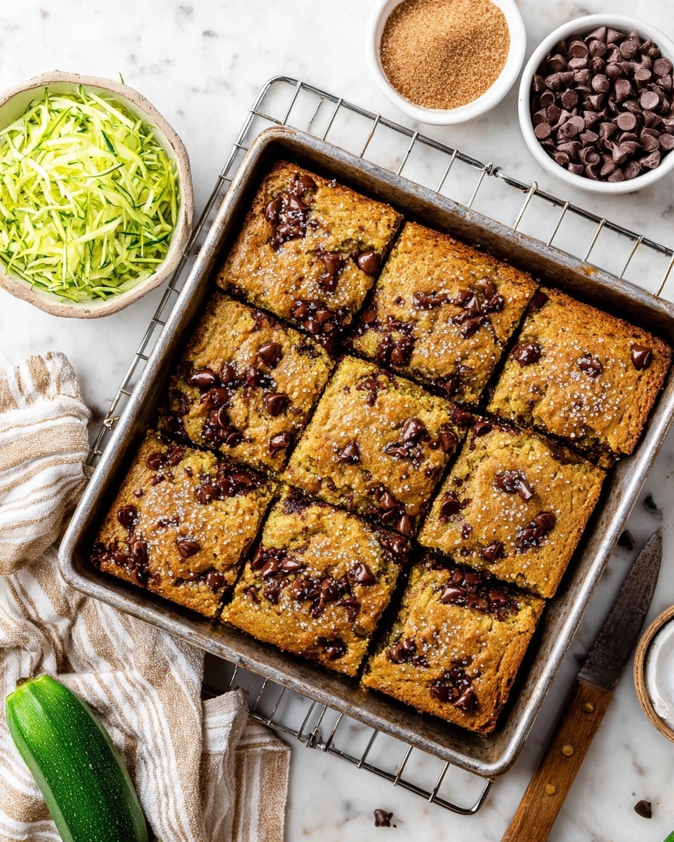 A square metal baking pan filled with freshly baked golden brown zucchini chocolate chip bread, cut into nine thick squares. The top layer is textured with scattered dark brown chocolate chips and sprinkled sugar crystals, showing a slightly crisp surface. Inside the bread, small green flecks of zucchini are visible, adding a subtle contrast to the warm light brown batter. The pan is placed on a metal cooling rack over a white marbled surface. Around the pan, there is a small white bowl of shredded zucchini, a wooden bowl of chocolate chips, a small white bowl of brown sugar, a zucchini, and a knife with a wooden handle. photo taken with an iphone --ar 4:5 --v 7