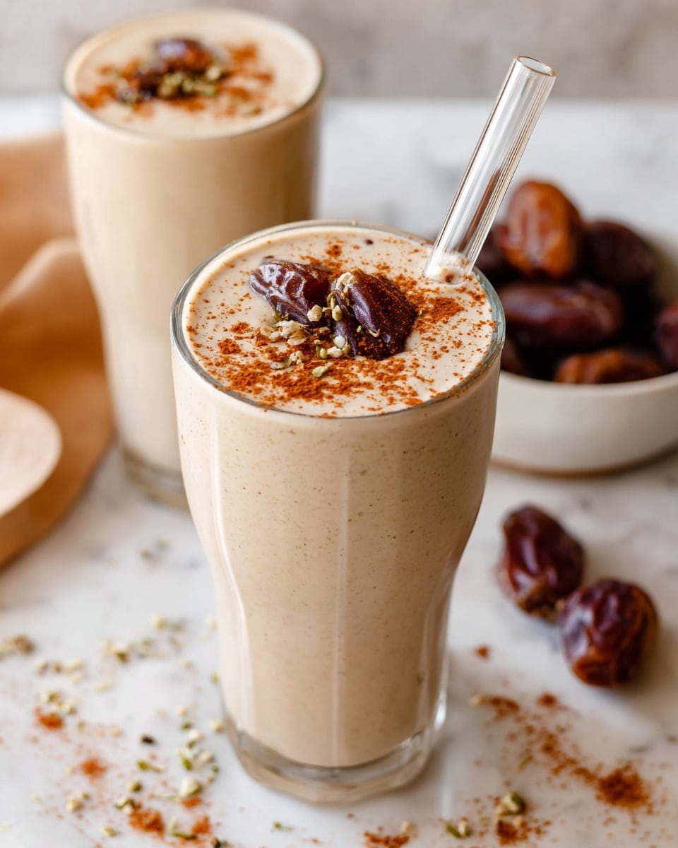 The image shows a tall glass filled with a thick, creamy beige smoothie that has a smooth texture with some tiny visible specks. The smoothie fills the glass up to just below the rim. On the top surface of the smoothie, there is a sprinkle of cinnamon powder and a few small pieces of chopped nuts scattered around. A clear glass straw is inserted into the smoothie on the right side of the glass. The glass is placed on a white marbled cutting board, and in the background, there is another similar glass filled with the same smoothie, slightly blurred, along with a white bowl containing dark brown dates. Photo taken with an iphone --ar 4:5 --v 7