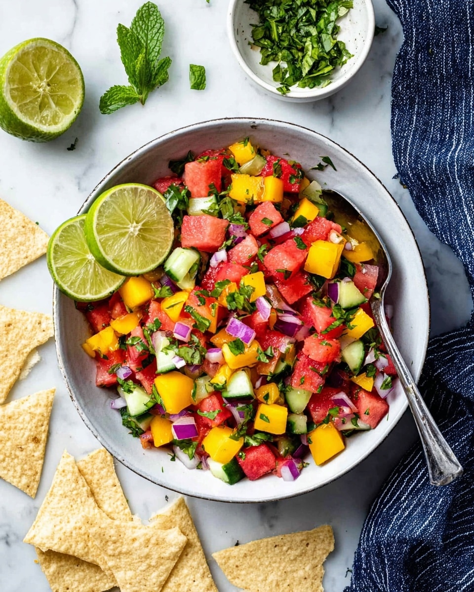 A bowl of fresh salsa shows many colorful layers of small cubed watermelon in red, mango in yellow, cucumber in light green, and red onion bits with dark purple tones, all mixed with bright green chopped herbs like cilantro and mint scattered throughout. Two lime slices and a few whole mint leaves sit on the left side of the white bowl, while a silver spoon rests on the right edge inside the bowl. Around the bowl on a white marbled surface, there are light yellow tortilla chips, some lime halves, sprigs of cilantro, and a small white bowl holding lime wedges and more cilantro. A dark blue cloth with white stripes is folded on the left side. Photo taken with an iphone --ar 4:5 --v 7