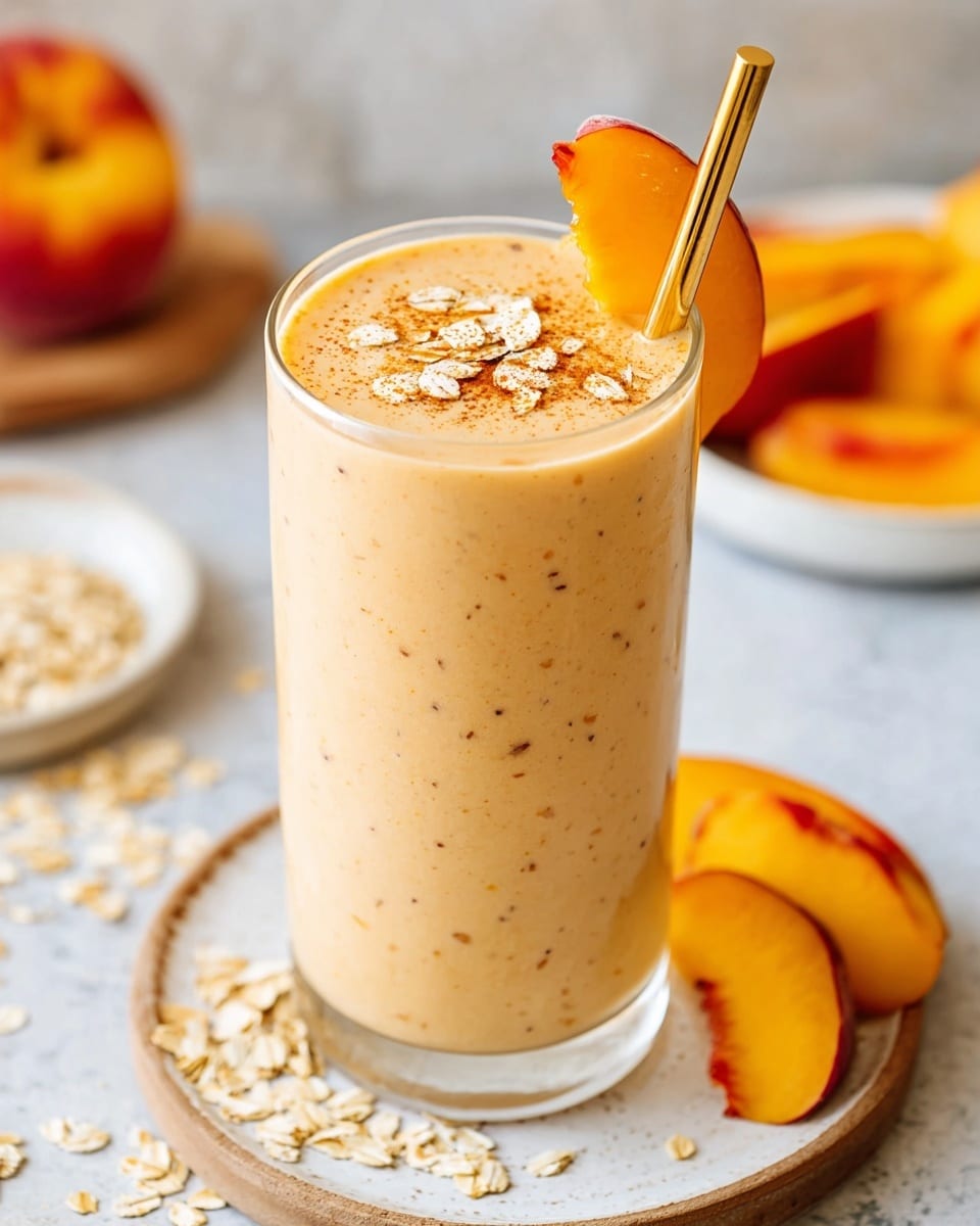 A tall clear glass filled with a thick, creamy peach smoothie that has small specks inside. The smoothie fills the glass almost to the top, where it is sprinkled with light brown cinnamon powder and a few small oat flakes. A slice of fresh peach with bright yellow and red skin rests on the rim. A shiny amber-colored straw stands inside the glass on the right side. The glass sits on a simple white plate with some loose oat flakes scattered around. In the blurred white marbled background, there are peach slices and cinnamon sticks partially visible. photo taken with an iphone --ar 4:5 --v 7