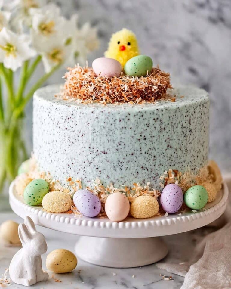 Easter Cake with Blue Speckled Frosting, Coconut Nest, and Easter Eggs Recipe