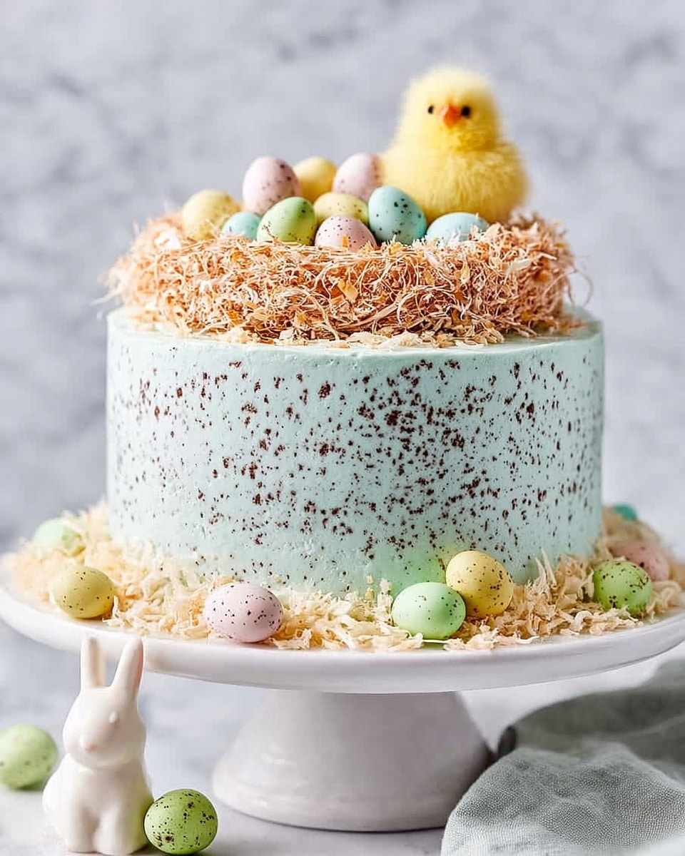 A round cake with a light speckled pale blue-gray frosting covering all sides, placed on a white cake stand with a subtle dotted edge. On top, there is a small pile of toasted coconut flakes forming a nest in the center, holding several pastel-colored speckled candy eggs in pink, green, blue, and purple shades, with a small fluffy yellow chick figure sitting among the eggs. Around the base of the cake, there is a ring of more toasted coconut flakes and pastel candy eggs, along with a small white candy bunny figure on the left side. The background features white flowers with green stems, all set on a white marbled surface. photo taken with an iphone --ar 4:5 --v 7