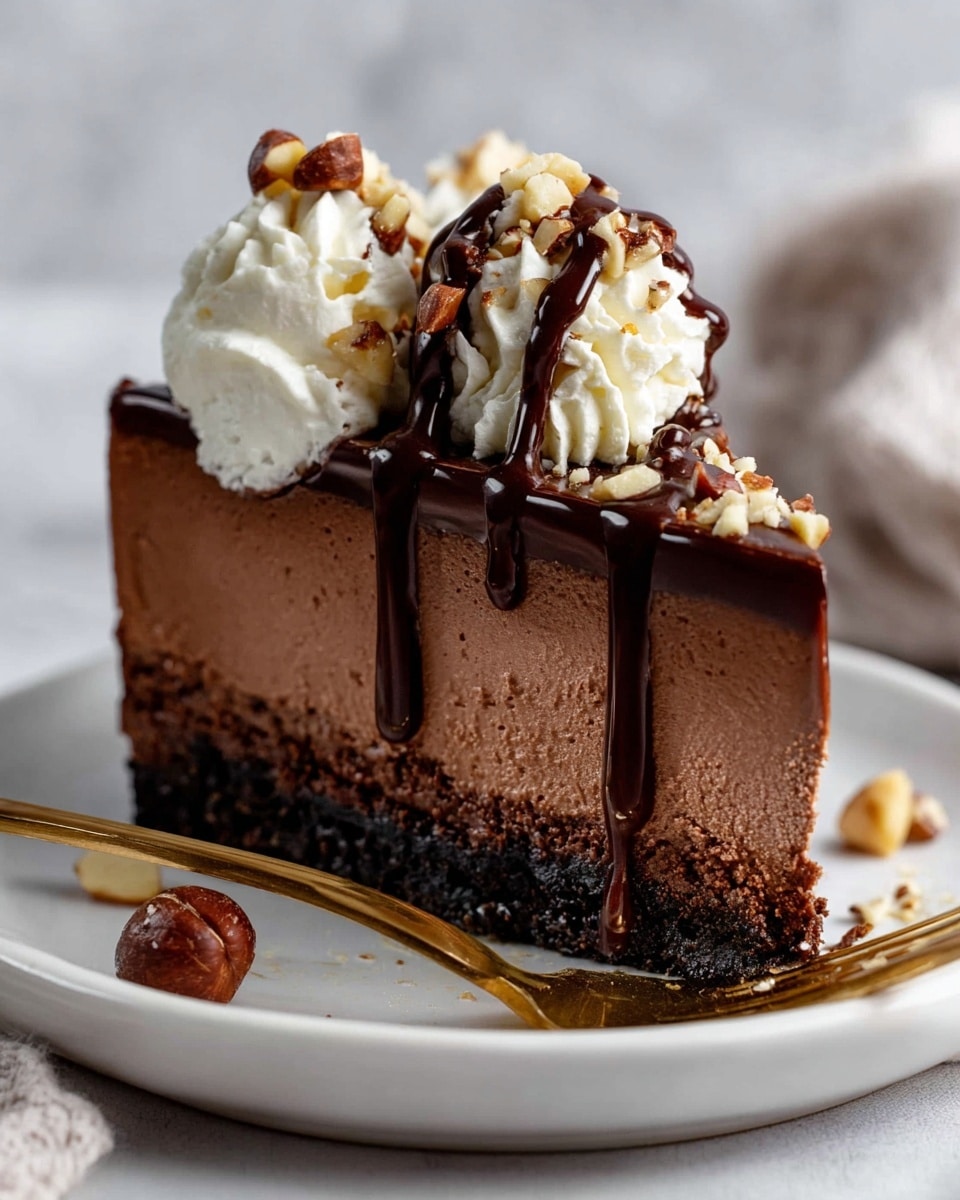 A slice of chocolate mousse cake with three distinct layers sits on a white plate. The bottom layer is dark and crumbly, the middle layer is thick, smooth, and light brown chocolate mousse, and the top layer is a thin, glossy dark chocolate ganache. On top, there is a swirl of white cream with chocolate drizzle and scattered chopped hazelnuts. A gold fork is placed on the plate with whole hazelnuts and bits of nuts around it, set on a white marbled surface. photo taken with an iphone --ar 4:5 --v 7