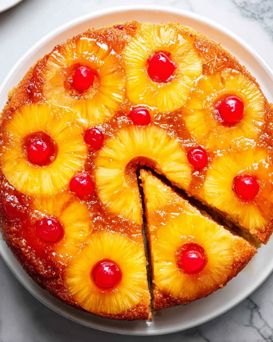 A round pineapple upside-down cake is shown on a white plate, placed on a white marbled surface. The cake has a golden brown, slightly shiny texture with caramelized edges. On top, there are two layers of fruit decoration: the first layer has bright yellow pineapple rings arranged in a circle, including one big ring in the center and smaller rings around it. The second layer features glossy red cherries placed in the middle of each pineapple ring and scattered between them, adding contrast and color. The cake's surface looks moist and slightly sticky from the caramel glaze. photo taken with an iphone --ar 4:5 --v 7
