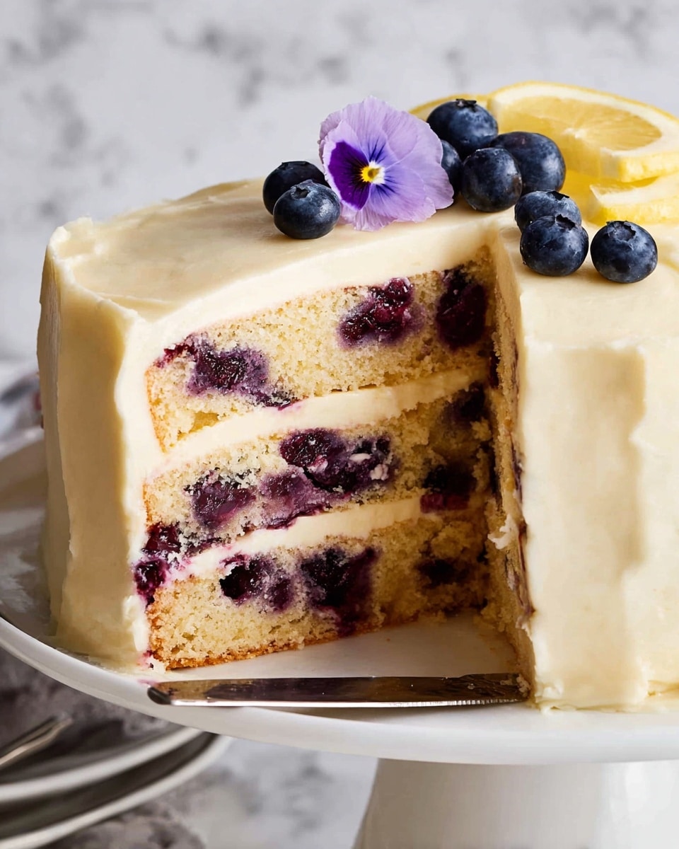 The image shows a close-up of a three-layer blueberry cake with light golden yellow sponge filled with clusters of dark purple blueberries in each layer. Each sponge layer is separated and covered with thick, creamy white frosting. The top layer has a smooth coating of the same white frosting, decorated with two fresh blueberries, a small purple flower, and a thin lemon slice. The cake sits on a white plate against a white marbled background. A silver cake server is visible on the right side, holding the slice. photo taken with an iphone --ar 4:5 --v 7