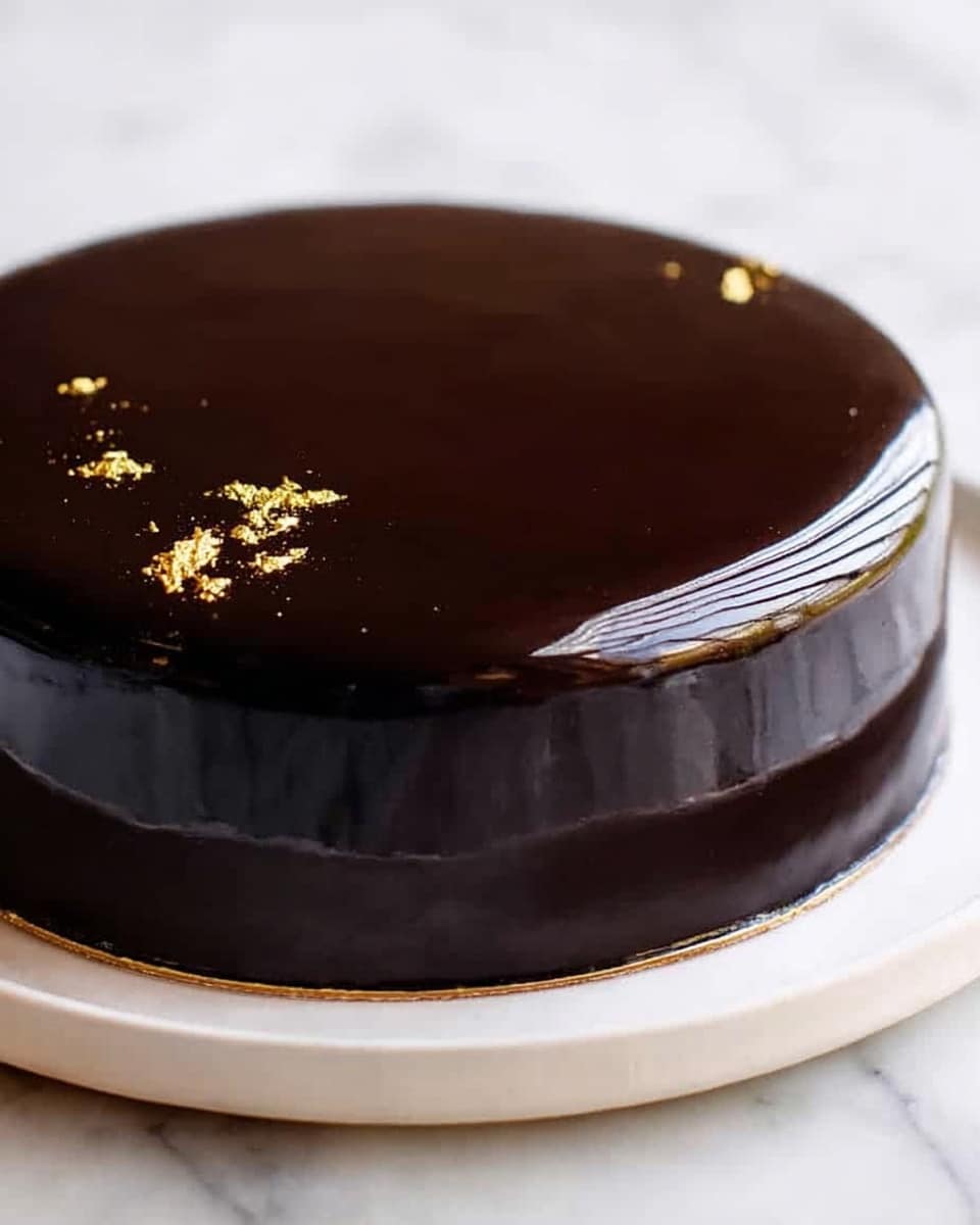 A smooth, shiny dark chocolate cake with a mirror glaze covers the entire cake, giving it a glass-like surface that reflects the light. The cake is a single thick layer, almost perfectly round with clean edges. On top, there are small pieces of gold leaf scattered lightly and a thin line of gold powder that crosses the surface diagonally. The cake sits on a white plate against a white marbled background. Photo taken with an iphone --ar 4:5 --v 7