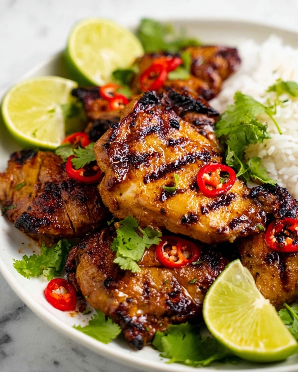 The image shows a close-up of grilled chicken thighs that are dark brown with a shiny, glazed texture, placed in the center of a white plate. The chicken is topped with small red chili slices and fresh green cilantro leaves, scattered evenly. Around the chicken, there are several wedges of bright green lime, some placed upright and others lying flat. In the background, on the plate, there is a serving of white rice with a soft, fluffy texture, sprinkled with green herbs. The plate sits on a white marbled surface. photo taken with an iphone --ar 4:5 --v 7