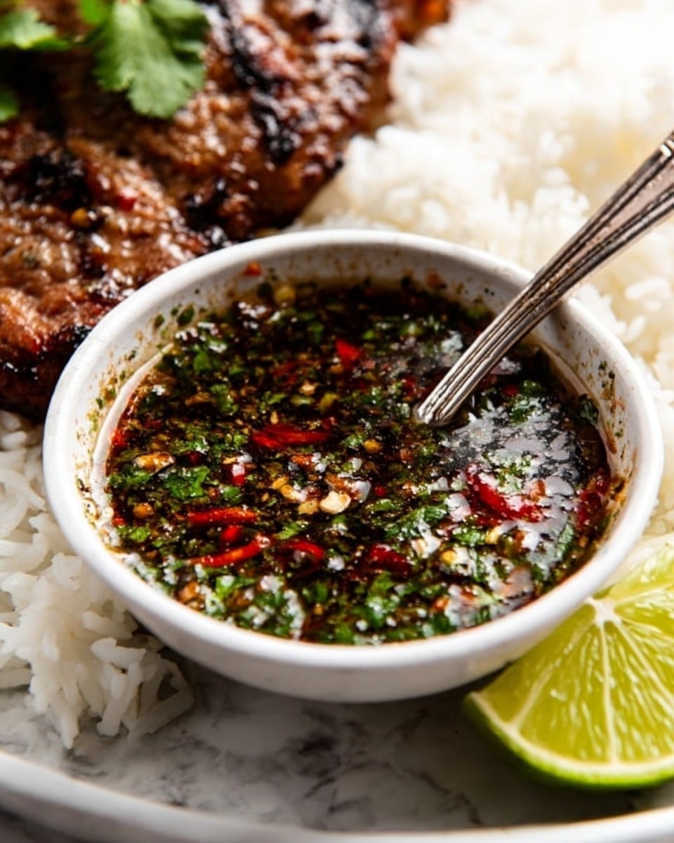 A white bowl filled with a dark, oily sauce layered with green herbs and red chili flakes sits on a bed of white rice. A silver spoon is scooping the sauce, showing its glossy texture. In the background, there are grilled pieces of meat with a charred surface, garnished with chopped green herbs and red chili pieces. A wedge of lime is placed next to the rice, adding a fresh green color. The dish is placed on a surface with white marbled texture. Photo taken with an iphone --ar 4:5 --v 7