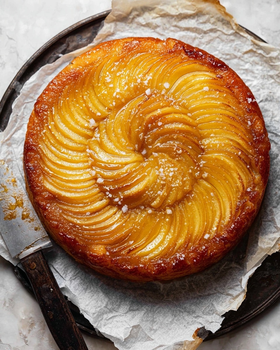 A round tart with a shiny, golden-brown top made of thinly sliced fruit arranged in a swirling pattern from the center to the edges. The fruit slices have a slightly caramelized, glossy texture and a warm amber color. The tart sits on white parchment paper over a dark round tray, with coarse salt flakes sprinkled on top for a contrast. A large knife with a dark, patterned blade and a wooden handle lies next to the tart. The background is a white marbled texture. photo taken with an iphone --ar 4:5 --v 7
