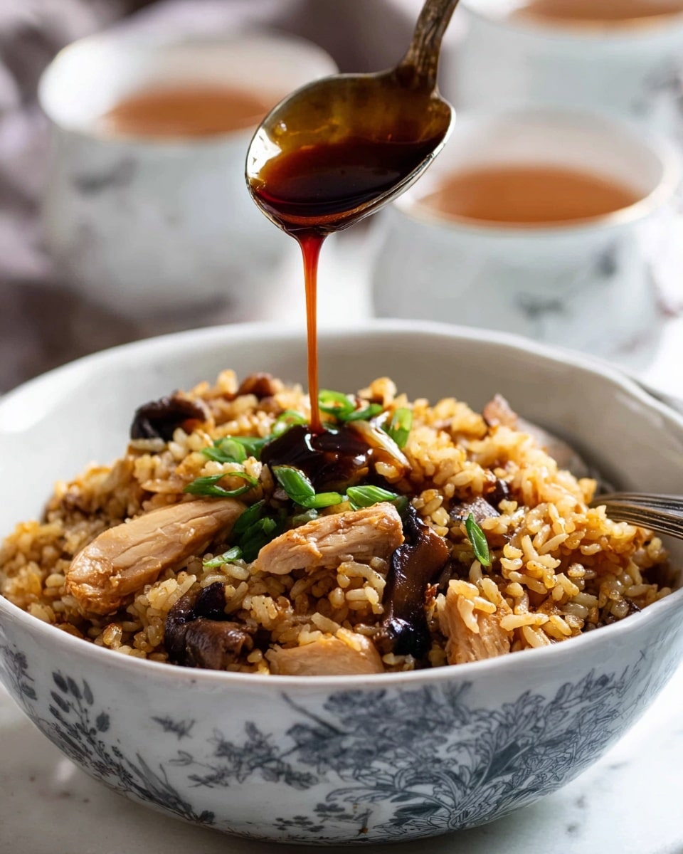 A close-up of a bowl filled with three layers: the bottom layer is light brown cooked rice mixed with small pieces of cooked chicken and dark brown mushrooms, the middle layer shows a drizzle of thick dark soy sauce pouring from a spoon over the rice, and the top layer has bright green chopped scallions scattered across. The bowl is white with a blue floral pattern, and a silver spoon is partially inside the bowl on the right side. In the blurry background, two white ceramic cups with light brown liquid are seen, all set on a white marbled surface. photo taken with an iphone --ar 4:5 --v 7