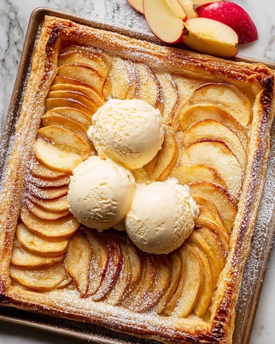 A square tart with golden brown, flaky crust edges dusted lightly with powdered sugar, layered with several rows of thinly sliced, cooked apple slices arranged in a neat, overlapping pattern covering almost the entire surface. On top of the tart, three large scoops of melting vanilla ice cream sit in the center, slightly creamy and smooth in texture. Around the tart, there are a few fresh apple slices placed casually on a white marbled surface. The photo is taken with an iphone --ar 4:5 --v 7