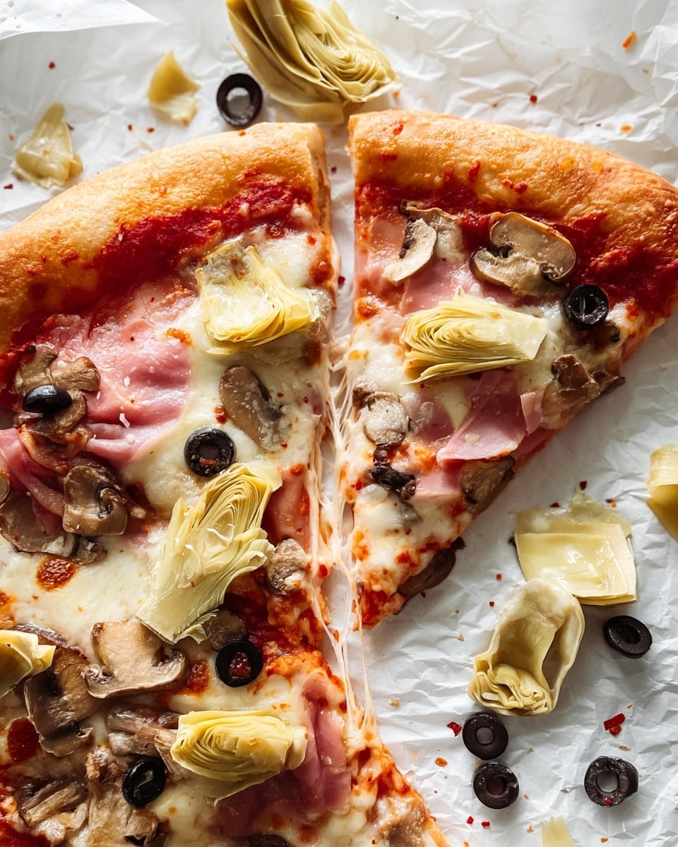 A close-up of a pizza with a golden brown crust showing three visible slices, topped with a layer of tomato sauce under melted white cheese. On top are thin, light pink slices of ham, light brown sautéed mushroom slices, pale yellow artichoke hearts, and dark sliced black olives scattered evenly. The pizza rests on white parchment paper over a white marbled surface, with a folded slice being gently held by a woman's hand on the right side. Some loose olive slices and artichoke pieces are placed around the pizza. Photo taken with an iphone --ar 4:5 --v 7