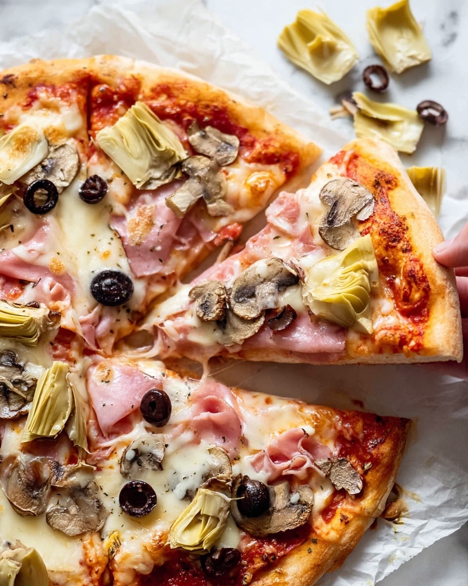 A close-up of two slices of pizza with a thick golden-brown crust. The base is covered with a red tomato sauce layer, followed by a thick layer of melted white cheese stretching between the slices. On top, there are toppings layered with pale pink ham pieces, light yellow artichoke hearts, brown sautéed mushroom slices, and small black olive rings scattered evenly. The pizza rests on white crinkled paper, surrounded by some extra artichoke pieces and black olive rings on a white marbled surface. Photo taken with an iphone --ar 4:5 --v 7