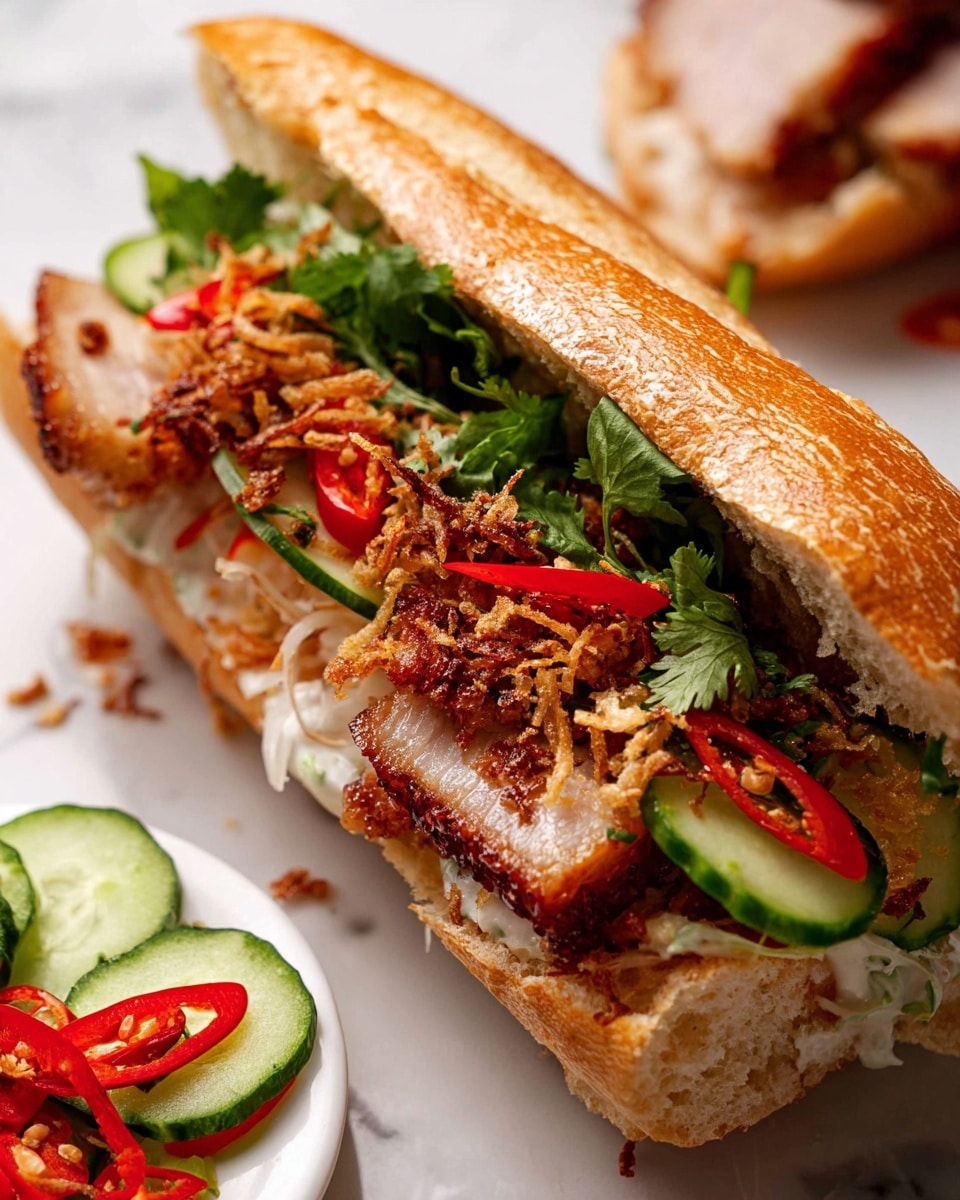 A sandwich with four main layers is shown on a white marbled surface. The bottom layer is a baguette with a light brown crust and soft white inside. On top of the bread is a layer of green fresh cilantro. Next is a layer of crispy fried shallots, golden-brown and crunchy in texture. Then pieces of roasted meat with a crispy golden skin and some sliced red chili peppers are layered on top. The sandwich is open, showing the layers clearly, with some sliced cucumber and extra red chili peppers on a white plate nearby. A piece of the roasted meat with skin is shown behind the sandwich. photo taken with an iphone --ar 4:5 --v 7