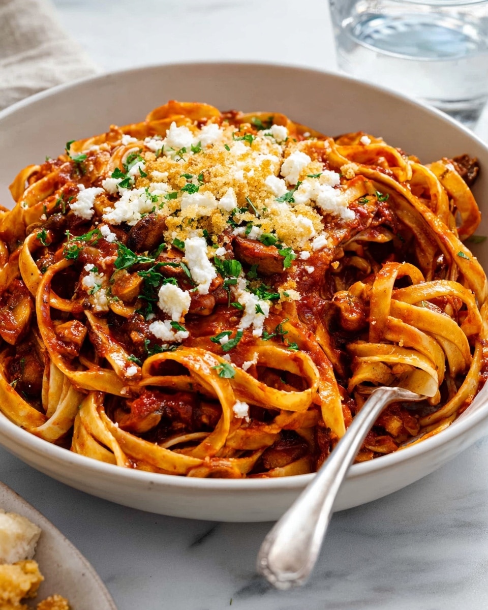 A deep white bowl filled with a generous serving of linguine pasta coated in a rich, red tomato sauce with small chunks of chicken mixed throughout. The pasta is topped with a layer of golden brown crispy breadcrumbs and a sprinkle of finely chopped green herbs, creating a contrast in texture and color. A silver fork is placed on the right side, partially twirled with some of the pasta. The bowl is set on a white marbled surface with part of a small white dish holding more breadcrumbs visible at the bottom right corner. The overall feel is warm and comforting with vibrant reds and golden hues. photo taken with an iphone --ar 4:5 --v 7