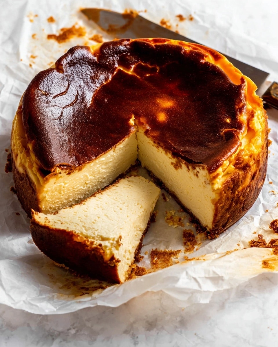 A round Basque cheesecake with a thick, dark brown, almost burnt top layer that looks slightly cracked and wrinkled, sitting directly on crumpled white baking paper. Below the top layer, a thick creamy off-white middle layer is visible, dense and smooth in texture. The cheesecake is cut into several slices with one slice pulled out slightly to show the inner layers clearly. Around the edges, the outer crust is light golden with hints of browning, slightly uneven and puffed, hugging the soft interior. A large knife with some cheesecake crumbs is placed at the top on the white marbled surface. photo taken with an iphone --ar 4:5 --v 7