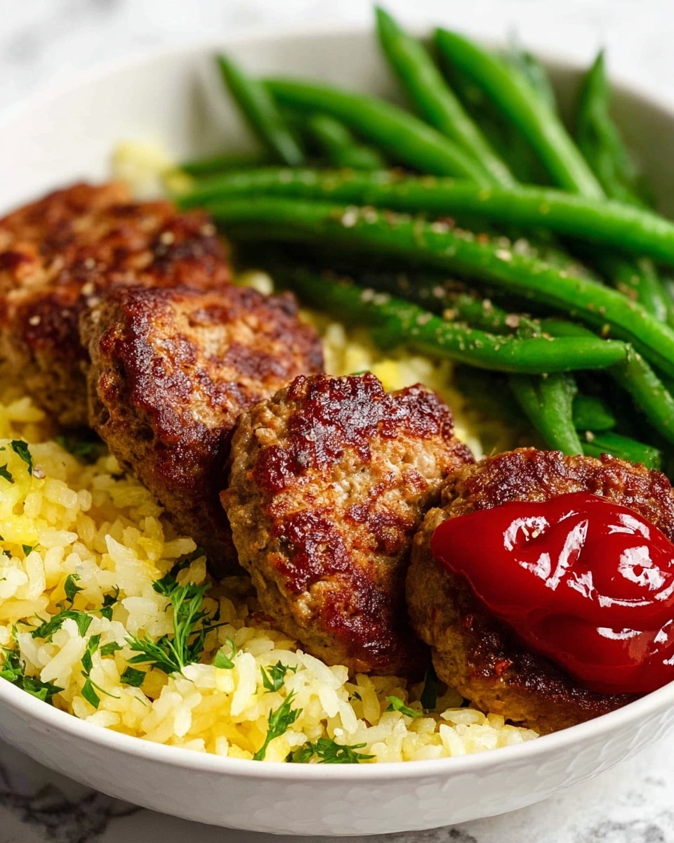 The image shows a white bowl with three round, browned meat patties placed on a bed of yellow rice with some green herbs sprinkled on top. One patty is partially covered with bright red ketchup. Behind the patties, there is a layer of shiny, cooked green beans arranged neatly. The bowl sits on a white marbled surface. photo taken with an iphone --ar 4:5 --v 7