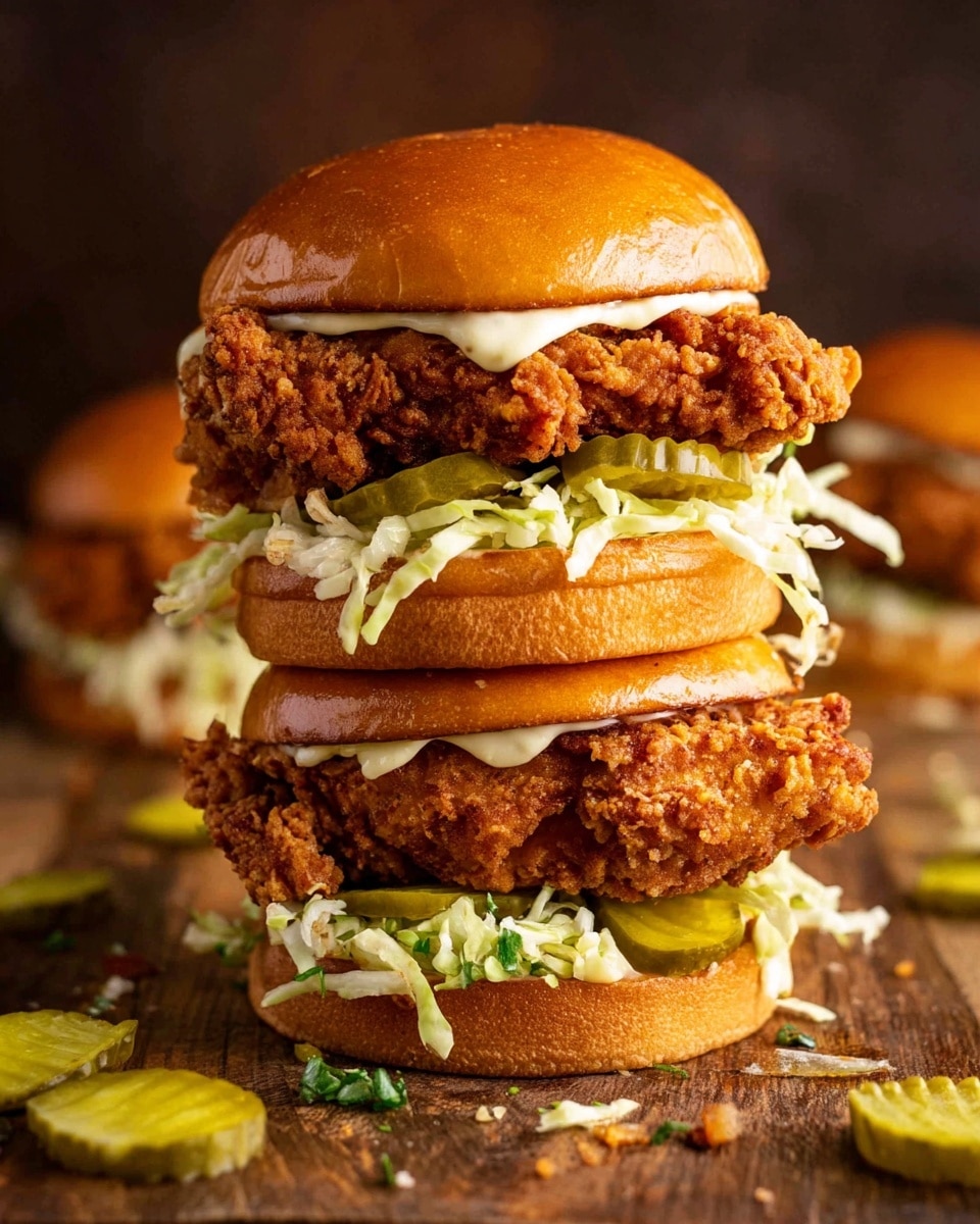 A tall, double-layered crispy fried chicken sandwich stands on a white marbled surface. The sandwich has two soft, shiny golden-brown buns, each topped with a light smear of creamy mayo. Each layer contains a thick, crunchy fried chicken fillet with a textured, golden crust. Between the chicken and buns, there is a generous heap of pale green shredded lettuce and several thin, bright green pickle slices. Some lettuce and pickle slices fall loosely around the base. The background is blurred but warm and rustic, highlighting the sandwich's crisp details. Photo taken with an iphone --ar 4:5 --v 7