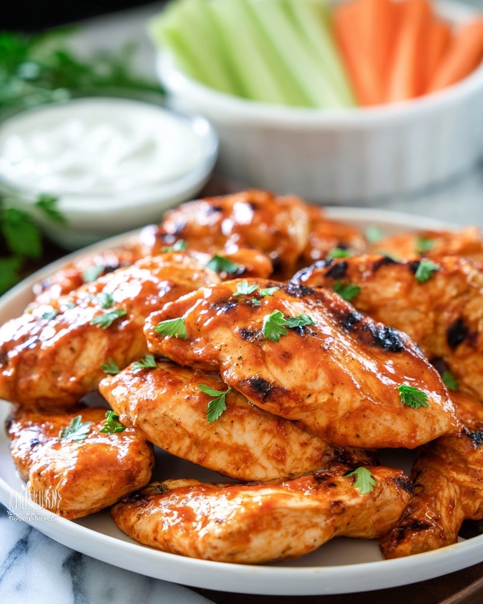 A close-up view of a black skillet filled with seven pieces of glazed grilled chicken tenders stacked closely. Each chicken tender is covered with a shiny orange-brown sauce that looks sticky and tender, with some slight char marks visible on the surface. Small green parsley pieces are sprinkled lightly over the chicken for color contrast. In the background, there is a blurred white bowl with green celery sticks and orange carrot sticks as well as a clear glass bowl filled with white dipping sauce, all set on a white marbled surface. photo taken with an iphone --ar 4:5 --v 7