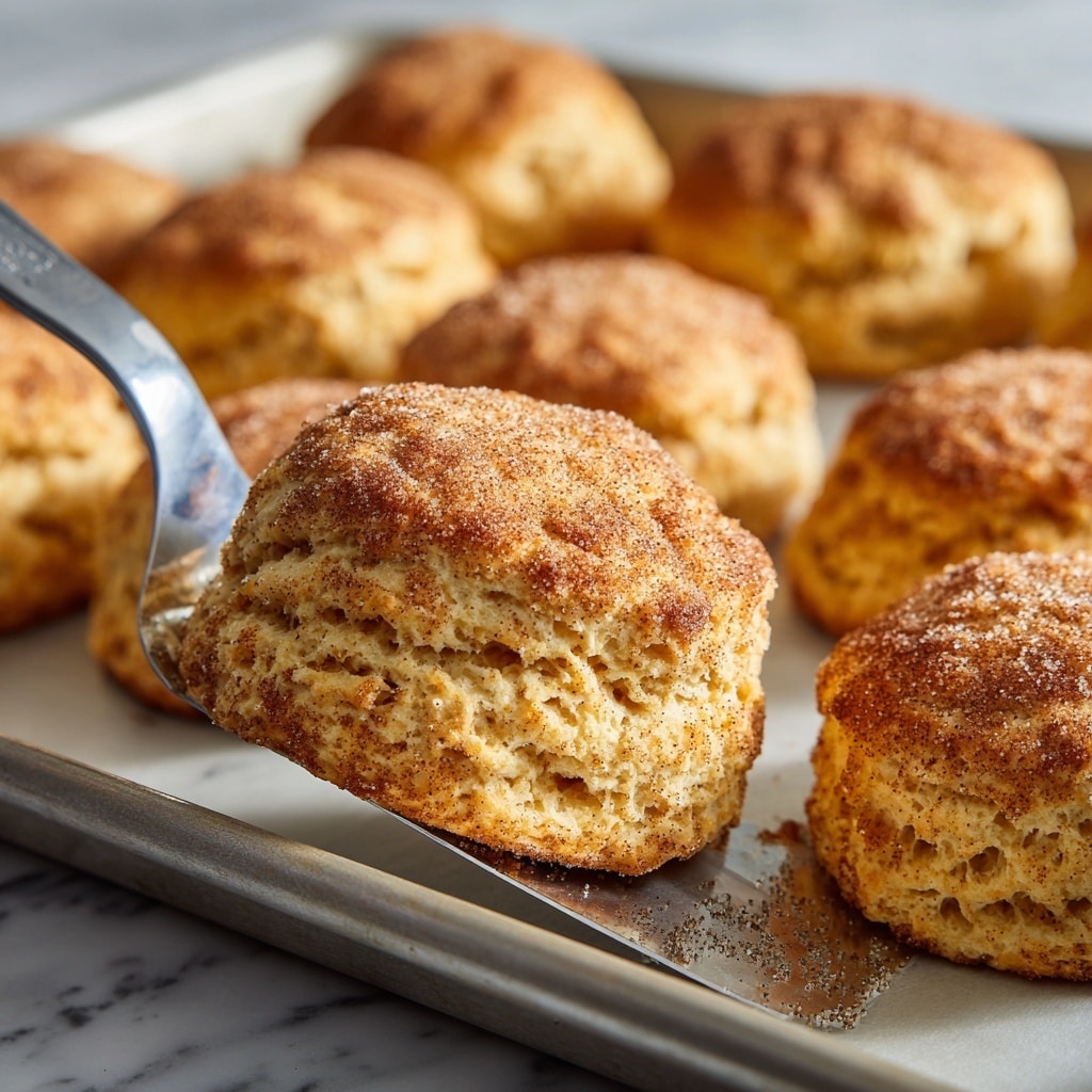 The image shows a close-up of a freshly baked cinnamon sugar scone being lifted by a metal spatula from a baking tray. The scone is golden brown with a rough, textured surface, sprinkled generously with cinnamon sugar that gives it a slightly grainy appearance. There are several more scones on the tray in the background, all similarly shaped with a lightly cracked top and a golden color, indicating a crisp outer layer and a soft inside. The baking tray sits on a white marbled surface, and the overall look is warm and inviting. Photo taken with an iphone --ar 4:5 --v 7