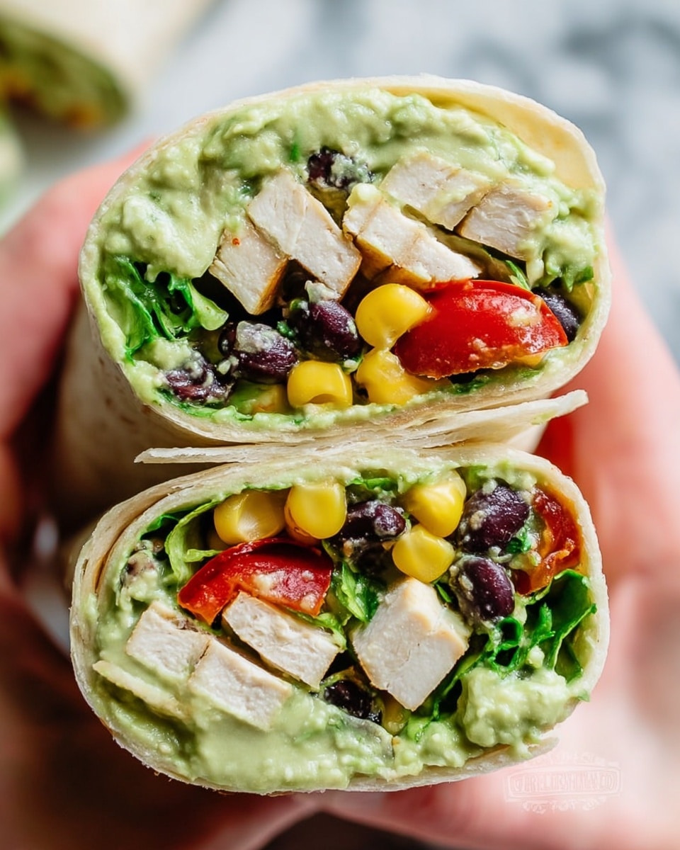 A close-up of a wrap cut in half, held by a woman's hand, showing two thick layers inside. The outer layer is a light-colored soft tortilla, slightly folded. Inside, the layers include green leafy lettuce and creamy green guacamole spread evenly. There are bright yellow corn kernels, black beans, and small red tomato slices adding color. White strips of grilled chicken sit in the middle, showing a grilled texture. The whole wrap looks fresh and moist, with vibrant colors from the vegetables and creamy textures evenly layered. The background has a white marbled texture. photo taken with an iphone --ar 4:5 --v 7