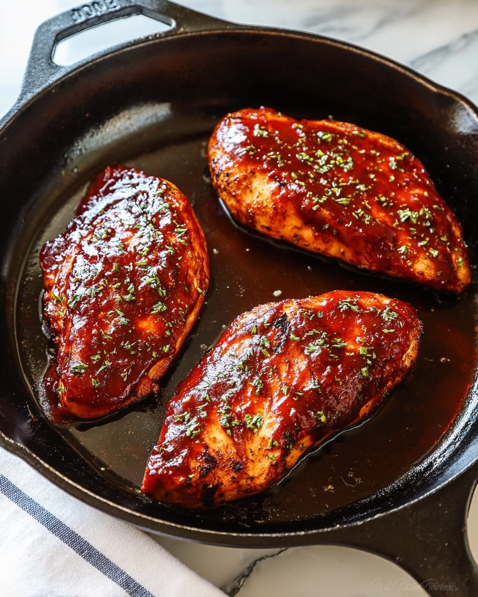 Three grilled chicken breasts with a shiny, reddish-brown barbecue sauce coating sit in a black cast iron pan. Each chicken breast is garnished with small green herb bits scattered on top. The pan has a slightly oily surface with some roasted marks, and the handle of the pan is visible on the right, resting on a white marbled surface. photo taken with an iphone --ar 4:5 --v 7