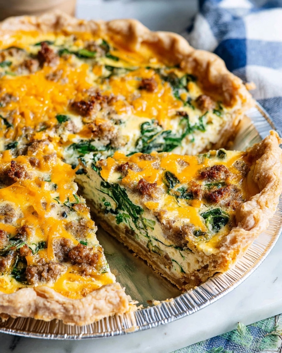 A close-up view of a quiche with a golden-brown crust, thick and flaky, forming the base and edge; inside there are three visible layers with creamy white egg mixture alternating with bright green spinach leaves and browned sausage chunks; the top layer is melted orange cheddar cheese dotted with sausage pieces and spinach, looking gooey and textured; one large wedge is slightly lifted, revealing the thick layers and moist filling inside; the quiche is in a shiny silver pie pan placed on a woven mat with a blue and white cloth in the background, all on a white marbled surface. photo taken with an iphone --ar 4:5 --v 7