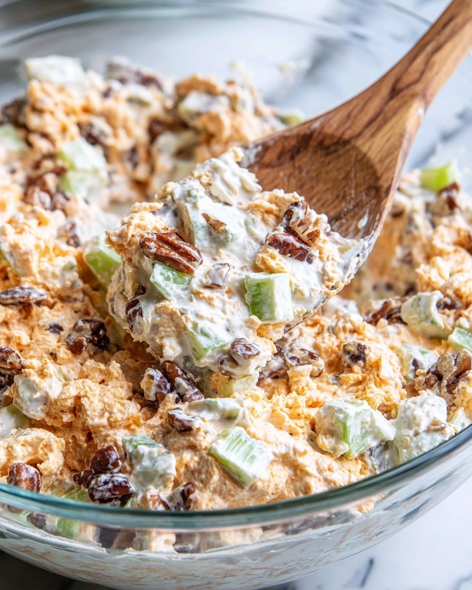 The image shows a clear glass bowl filled with a chunky mixed salad of three main layers: the base appears creamy white with small green celery pieces, the middle layer has light orange cheese chunks giving it texture, and scattered throughout are dark brown nut pieces adding contrast. A wooden spoon with a smooth, natural grain is scooping a portion from the bowl, lifting the mixed ingredients to show the mixture's thick and creamy texture with visible bits of celery, cheese, and nuts integrated together. The bowl rests on a white marbled surface. photo taken with an iphone --ar 4:5 --v 7