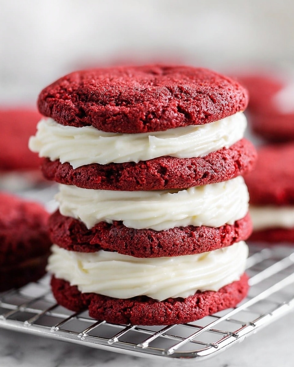A close-up view of a stack of three red velvet cookies with thick white cream cheese frosting layers between them and on top. Each cookie is deep red with a textured, slightly cracked surface, while the frosting is smooth, creamy, and generously spread, creating three distinct layers of red and white alternation. The stack sits on a metal wire rack, and the background is softly blurred, showing hints of more cookies. The photo is clear and detailed, highlighting the rich colors and textures. photo taken with an iphone --ar 4:5 --v 7
