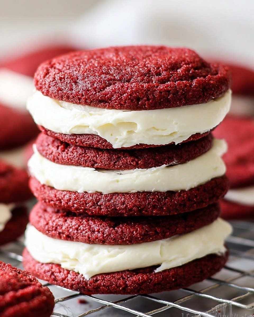A stack of three thick, soft red velvet cookies with rough textured edges, each separated by a thick layer of smooth, white cream frosting. The bottom cookie is fully visible, with the second cookie resting on top of it, followed by the third cookie at the top. Each frosting layer is spread evenly, with the top layer of frosting slightly swirled on the top cookie. The stack sits on a silver wire cooling rack over a white marbled surface, with a soft focus on cookies in the background. photo taken with an iphone --ar 4:5 --v 7