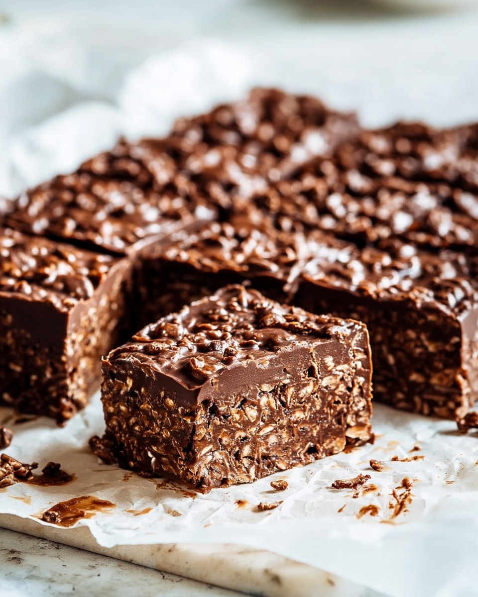 The image shows a block of chocolate rice crispy bars cut into rectangular pieces, arranged on a sheet of parchment paper over a white marbled surface. The bars have two visible layers: a bottom layer with a dense, brown, crunchy texture from the rice crisps, and a top glossy chocolate layer that looks smooth but bumpy because of the rice crisps inside it. The sides of the bars reveal the thick and rich chocolatey texture mixed with the crispy rice pieces. One piece is partially pulled out from the block, showing the soft and sticky texture of the bars inside. The white marbled surface creates a clean and bright background for the brown bars. photo taken with an iphone --ar 4:5 --v 7