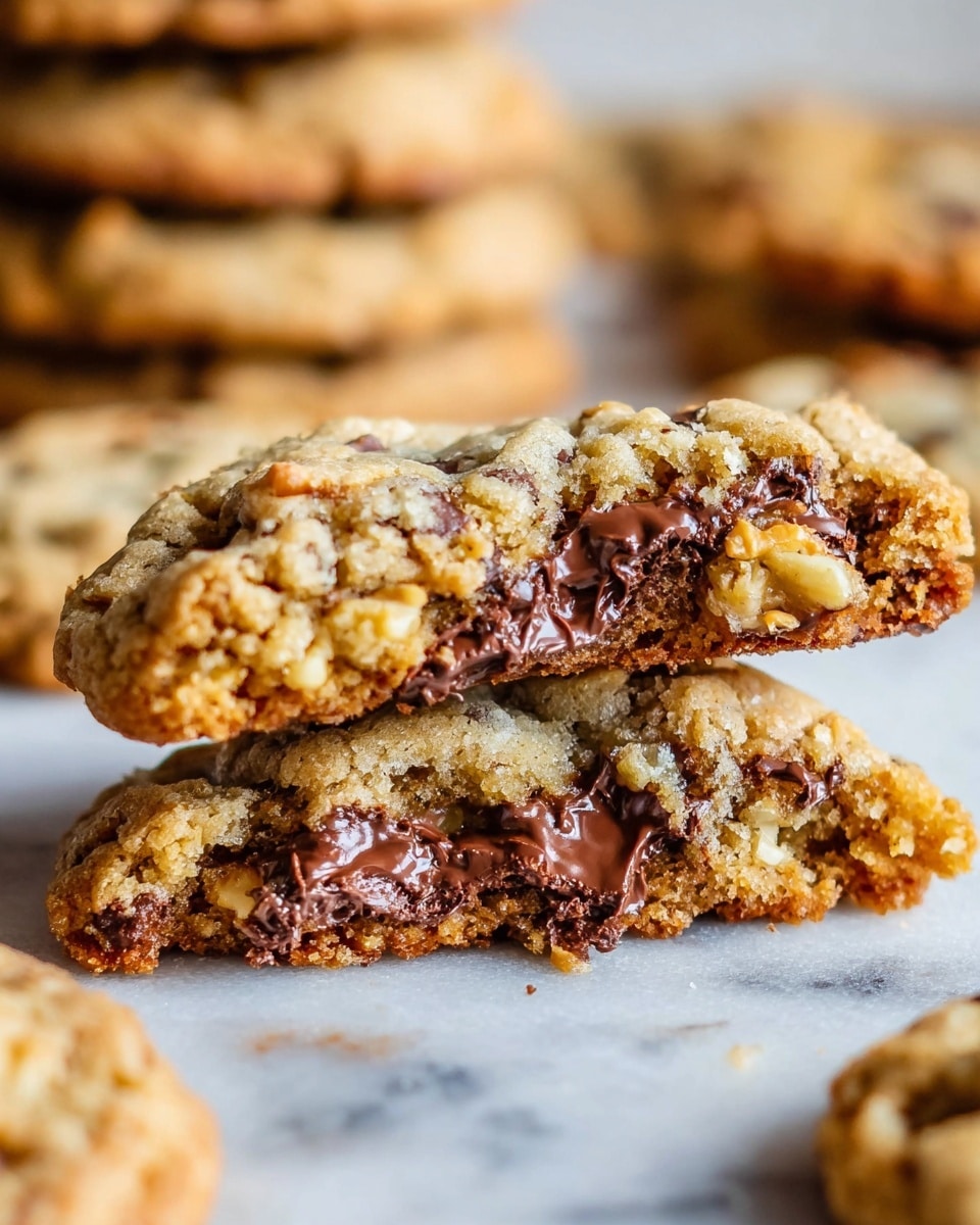 The image shows a close-up of a broken chocolate chip cookie with two main visible layers: the top layer is golden-brown with a rough, crumbly texture dotted with chunks of nuts and soft chocolate chips, while the inside layer is gooey, melted dark chocolate spread throughout the soft dough, giving a rich contrast of light tan and dark brown colors. Behind the broken cookie, there is a blurry stack of whole cookies, emphasizing their thick and chunky shape. The cookies are placed on a white marbled surface, enhancing their warm tones. photo taken with an iphone --ar 4:5 --v 7