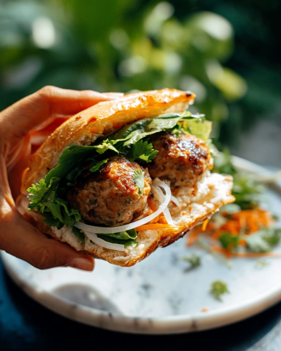 A close-up view of a layered sandwich held by a woman's hand, showing a toasted golden-brown bun at the top with melted white cheese melting over it. Below the cheese, there is a thick, textured brown meat patty mixed with herbs. Under the patty, green leafy lettuce and thin slices of white onion create a fresh layer. The sandwich rests on a white plate with small bits of food around, and the background is a white marbled texture with some blurred green and dark colors. Photo taken with an iphone --ar 4:5 --v 7
