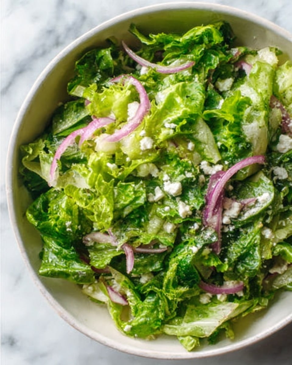 The image shows a close-up of a fresh salad in a white bowl with a brown rim. The salad has several layers: a base of mixed green lettuce leaves with a light texture, topped with thin slices of pale red onion, and scattered small white cheese crumbles. The textures range from crisp lettuce to soft, crumbly cheese pieces. The bowl sits on a white marbled surface, giving a clean and bright feel. Photo taken with an iphone --ar 4:5 --v 7