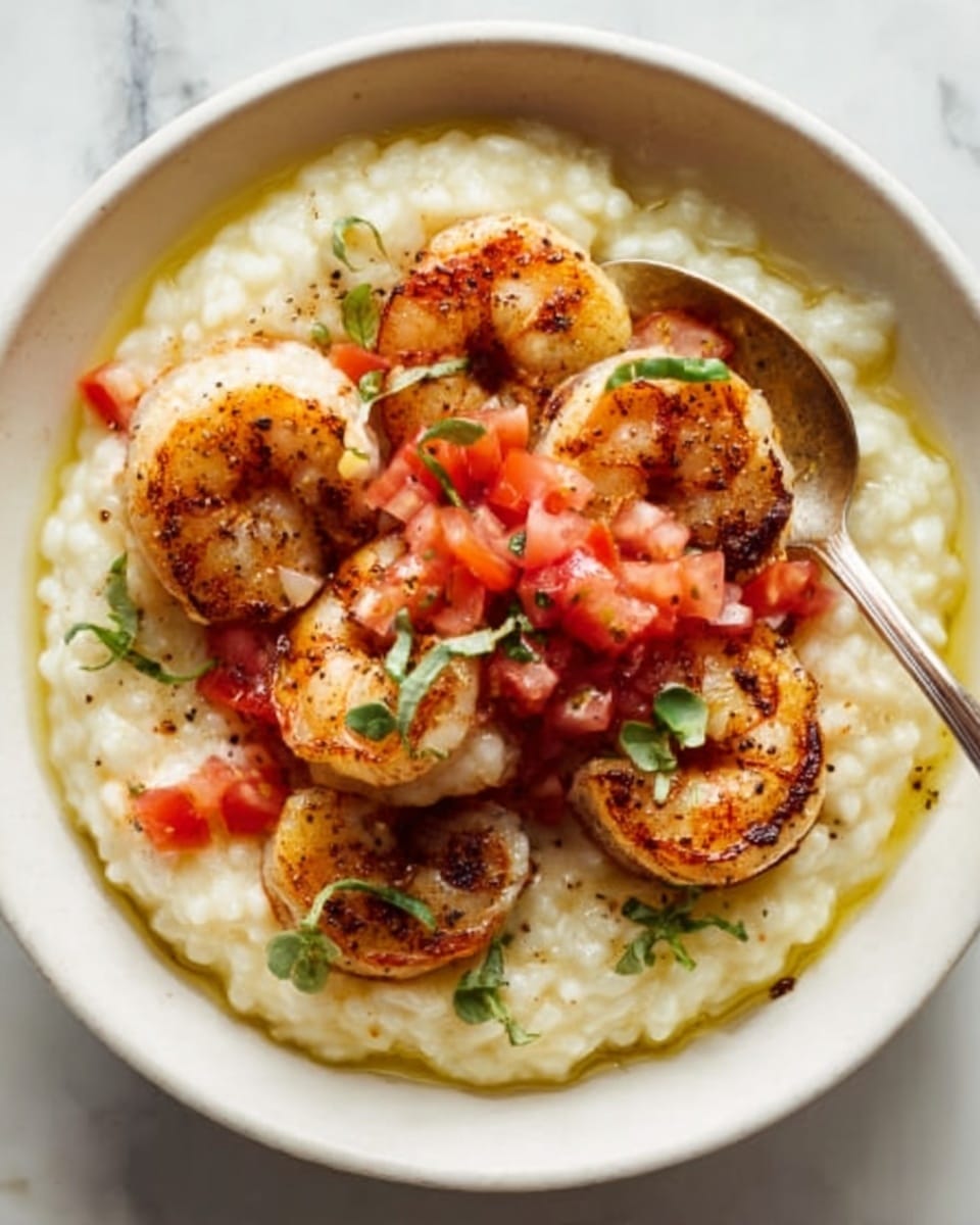 A white bowl filled with creamy risotto forming the base layer, its pale, smooth texture spread evenly. On top, there are six grilled shrimp arranged in a circular pattern, each shrimp golden brown with char marks and a slight shine from oil. Small diced red tomatoes are scattered around the shrimp, adding bright red spots. Tiny green herb sprigs are sprinkled over the shrimp and risotto, adding a fresh touch. A silver spoon rests on the edge of the bowl, and the surface underneath is a white marbled texture. photo taken with an iphone --ar 4:5 --v 7