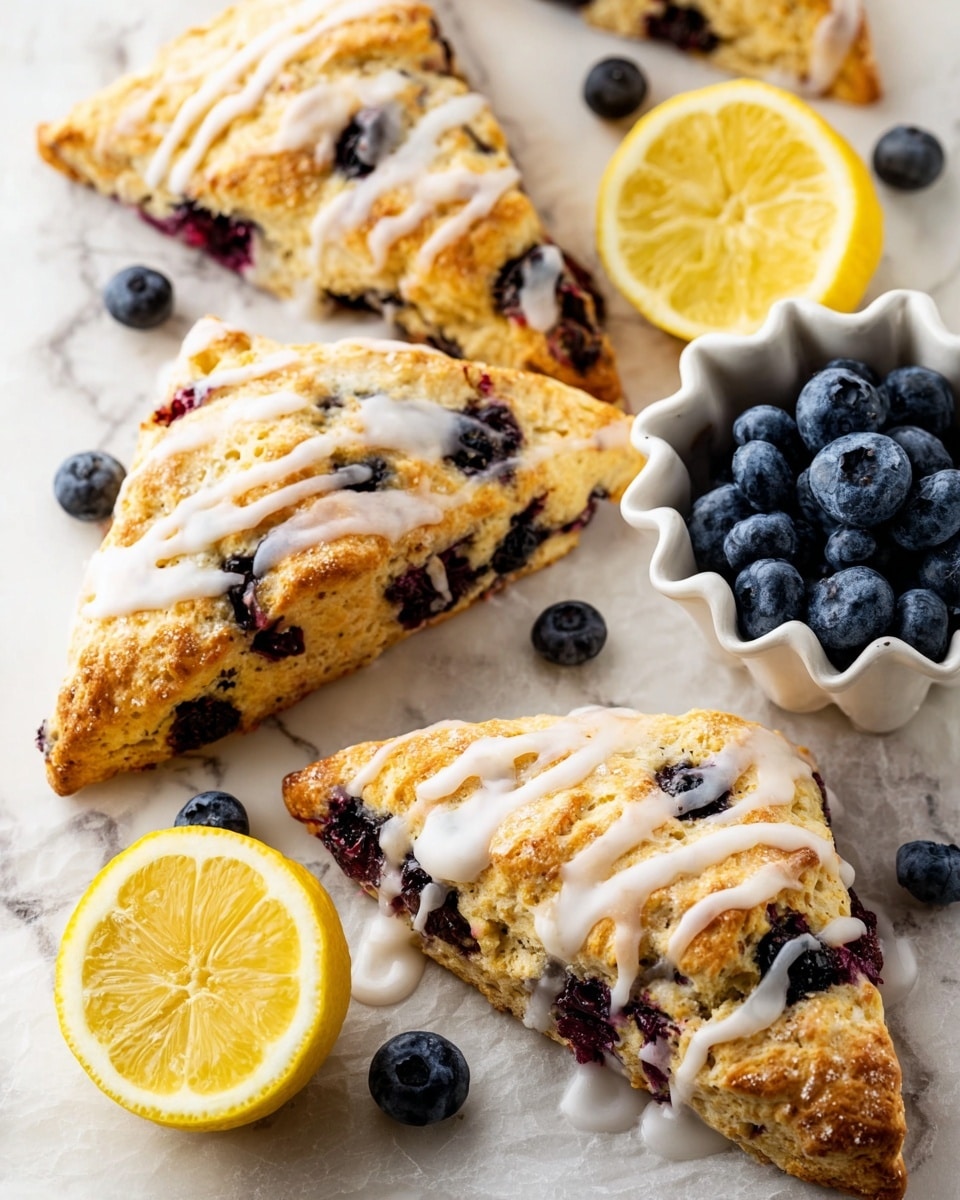 The image shows four triangular blueberry scones with a golden-brown crust, each generously spotted with dark purple blueberries. They are drizzled with a white, glossy sugar glaze that contrasts with the scones’ crumbly texture. Three bright yellow lemon halves are placed around the scones, adding a pop of color. A white bowl filled with plump, fresh blueberries is positioned on the left side. The scones and lemons rest on white parchment paper on a white marbled surface. The whole scene has a fresh and inviting look. photo taken with an iphone --ar 4:5 --v 7