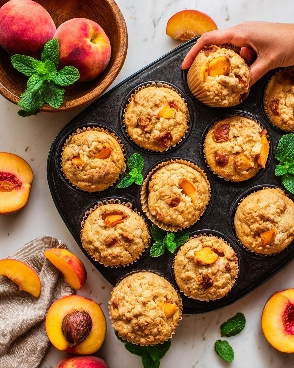 The image shows golden peach muffins with a crumbly top, each muffin dotted with small chunks of peach that peek through the textured, soft baked surface. The muffins sit inside a black metal muffin pan, arranged in a circle with some muffins missing from their slots. Surrounding the pan are peach slices and a halved peach showing its pit, adding a fresh and juicy look. A wooden bowl filled with more ripe peach halves and sprigs of green mint leaves sits partially visible in the corner. Everything rests on a white marbled surface, creating a clean and bright backdrop. A woman's hand is gently touching the edge of the muffin pan. Photo taken with an iphone --ar 4:5 --v 7