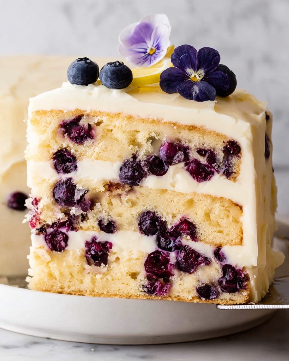 A three-layer vanilla cake filled with blueberries inside each sponge layer is shown. The light cream-colored frosting covers the entire cake smoothly, with a thick layer between each sponge. On the top layer, there are two whole blueberries and a small purple flower placed near a thin lemon slice. The cake is on a white plate resting on a white marbled surface. A silver cake server is slightly visible under the bottom right side of the cake. Photo taken with an iphone --ar 4:5 --v 7