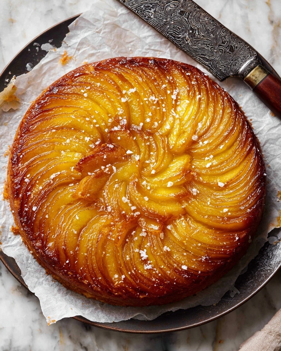 A round, golden-brown upside-down apple tart with thin, caramelized apple slices arranged in overlapping circular layers from the center to the edge, creating a beautiful swirling pattern. The tart has a shiny, slightly sticky glaze and is sprinkled with coarse sea salt flakes, adding texture and contrast to the warm yellow and amber tones. It sits on crumpled white parchment paper on a dark round baking tray, with a knife placed beside it. The background is a white marbled texture. Photo taken with an iphone --ar 4:5 --v 7